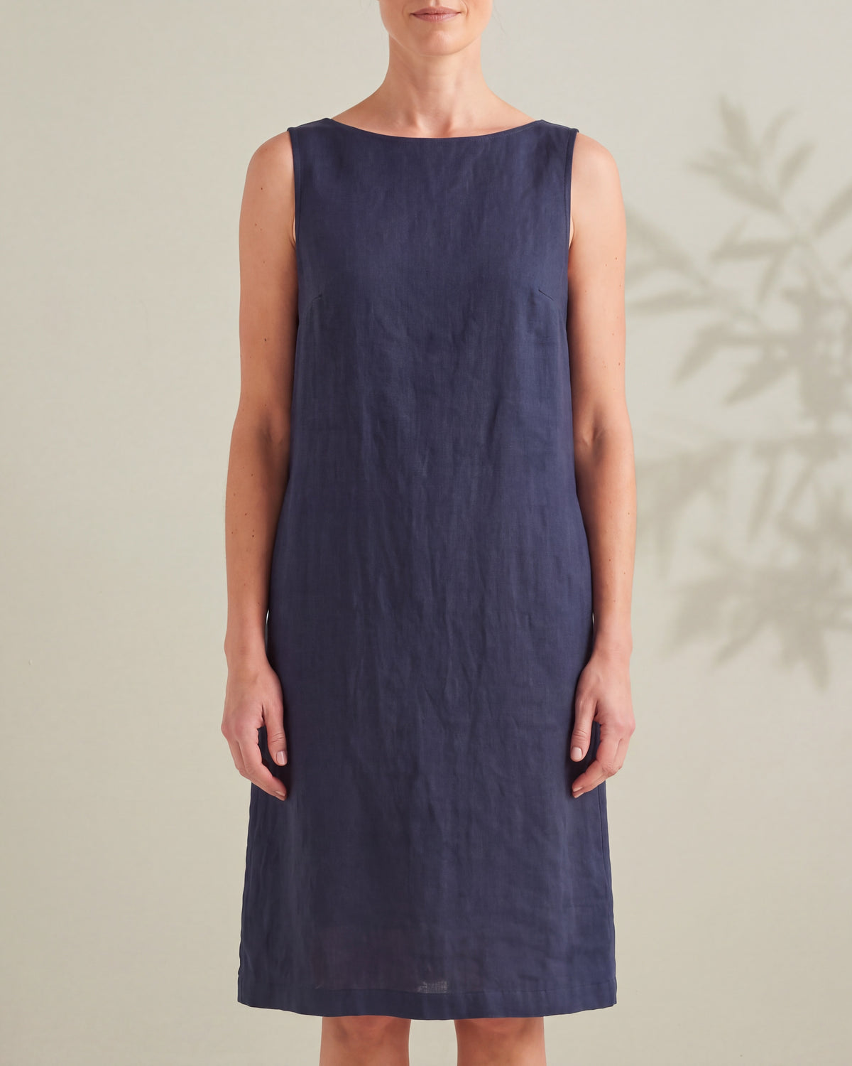 MARINA Deep blue sleeveless linen shift dress, close front view