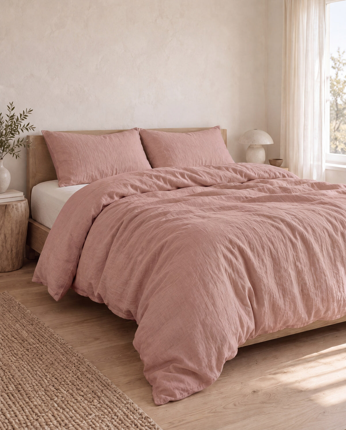MILDA linen bedding in Dusty Rose on a double bed with a white sheet