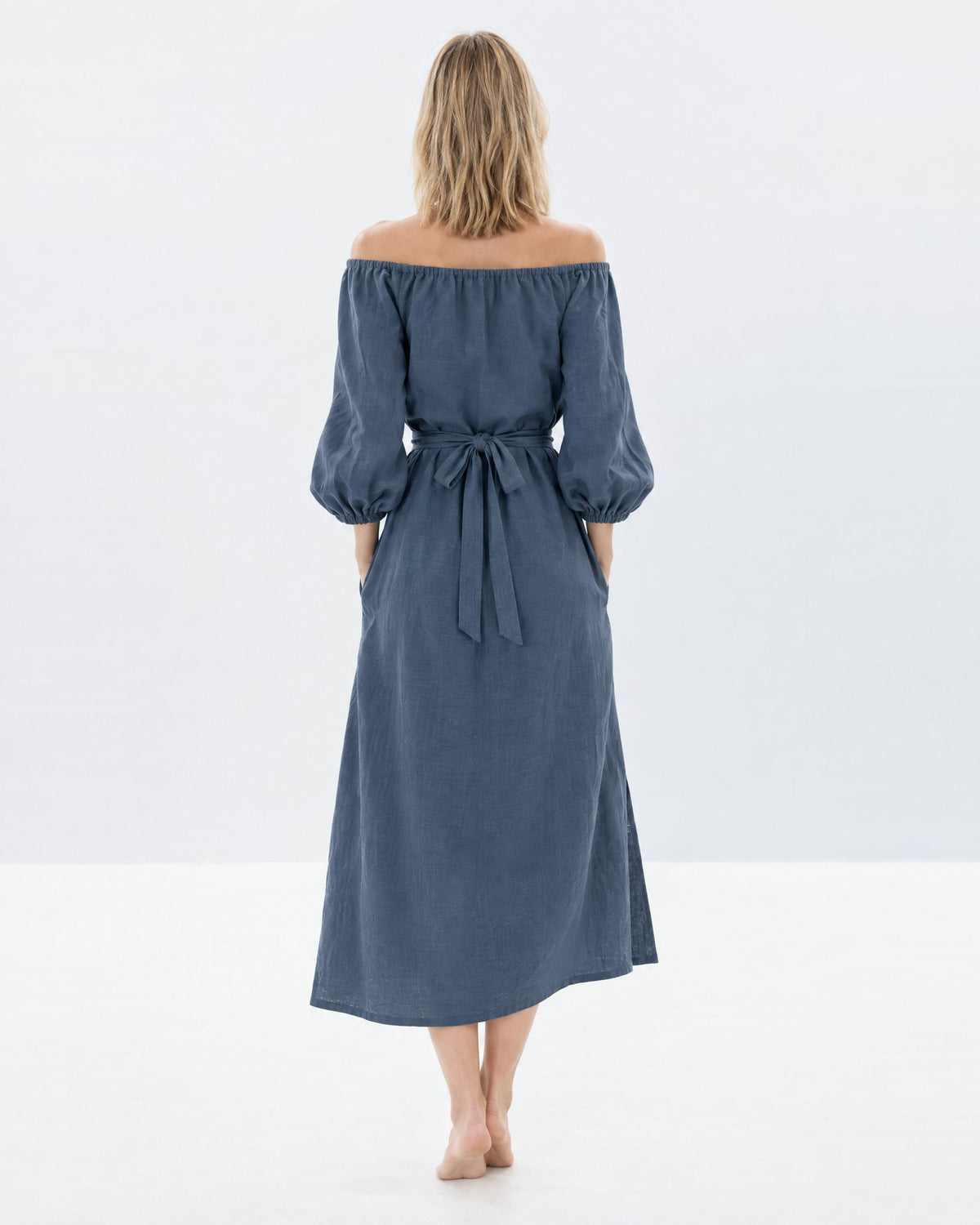 MOON – Blue off-shoulder linen midi dress, back view in studio #Color_Blue