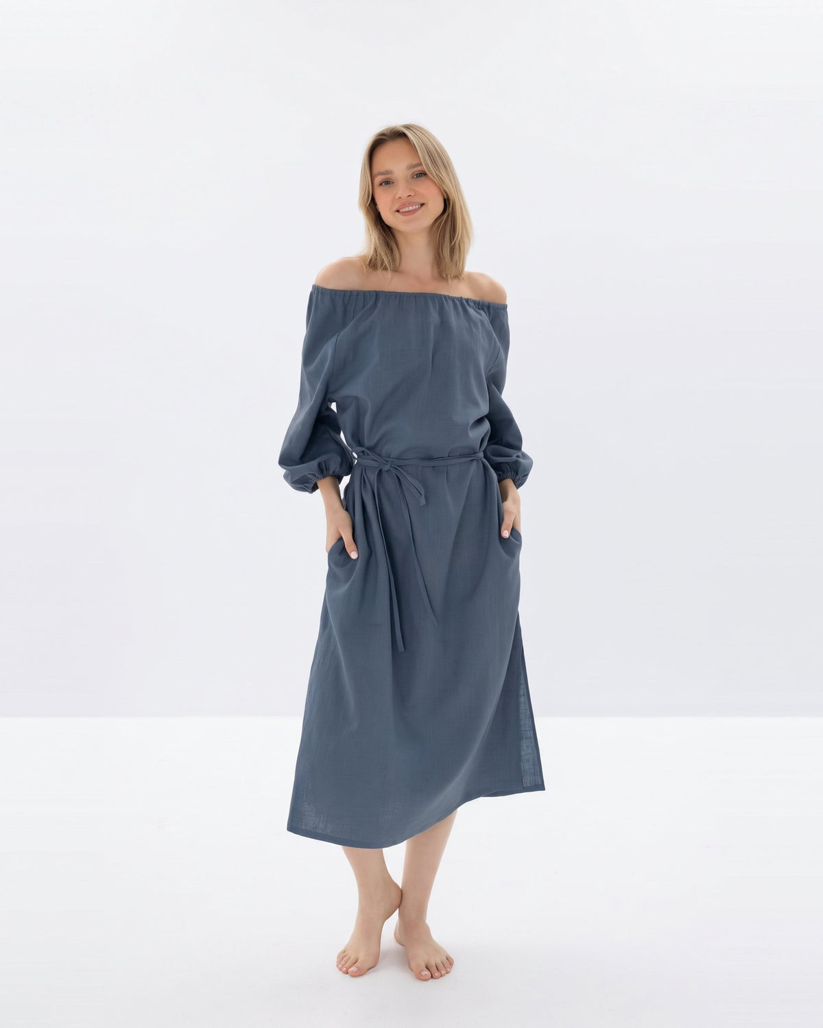 MOON – Blue off-shoulder linen midi dress, front view full length in studio #Color_Blue