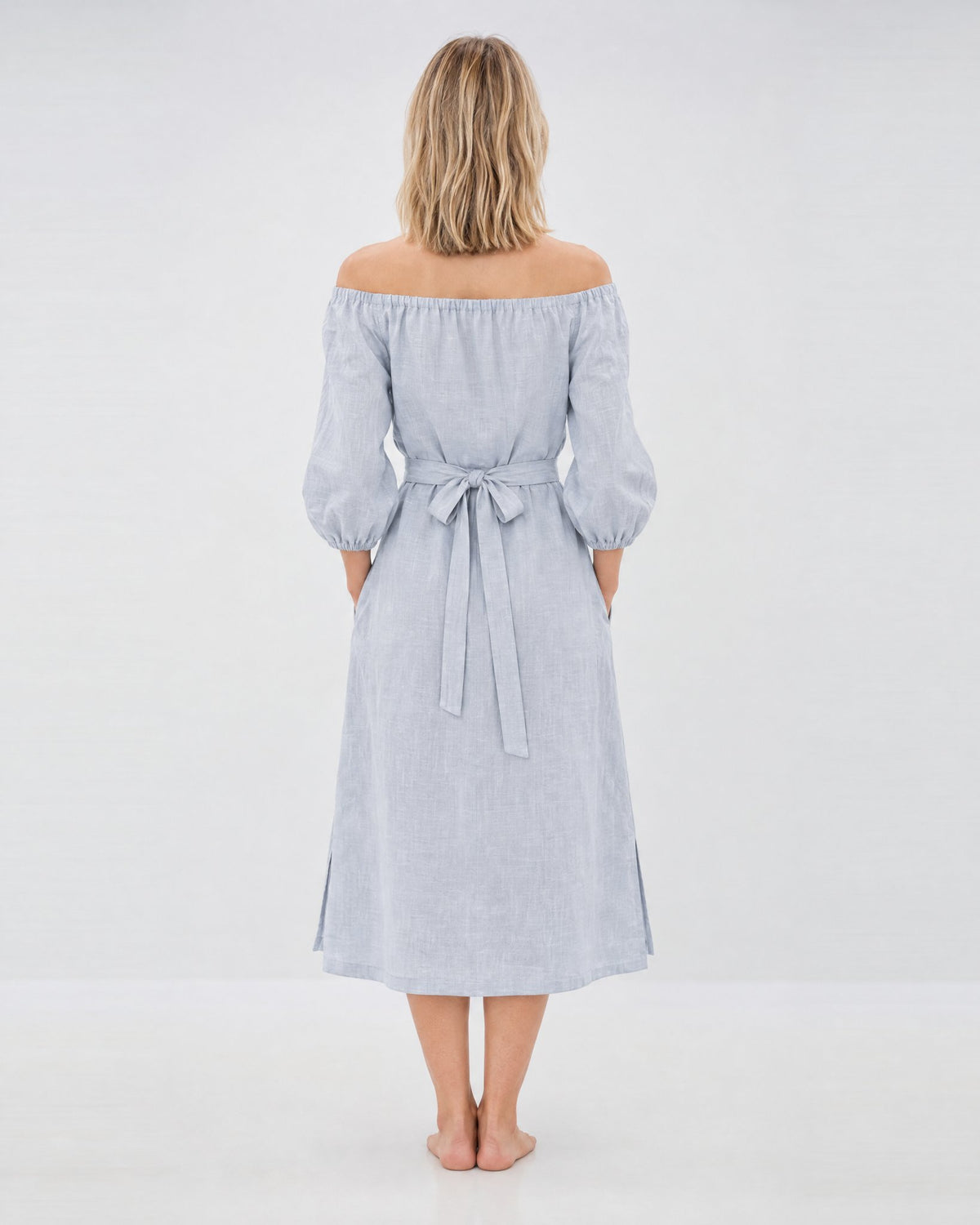 MOON – Light blue off-shoulder linen midi dress, back view in studio #Color_Light blue