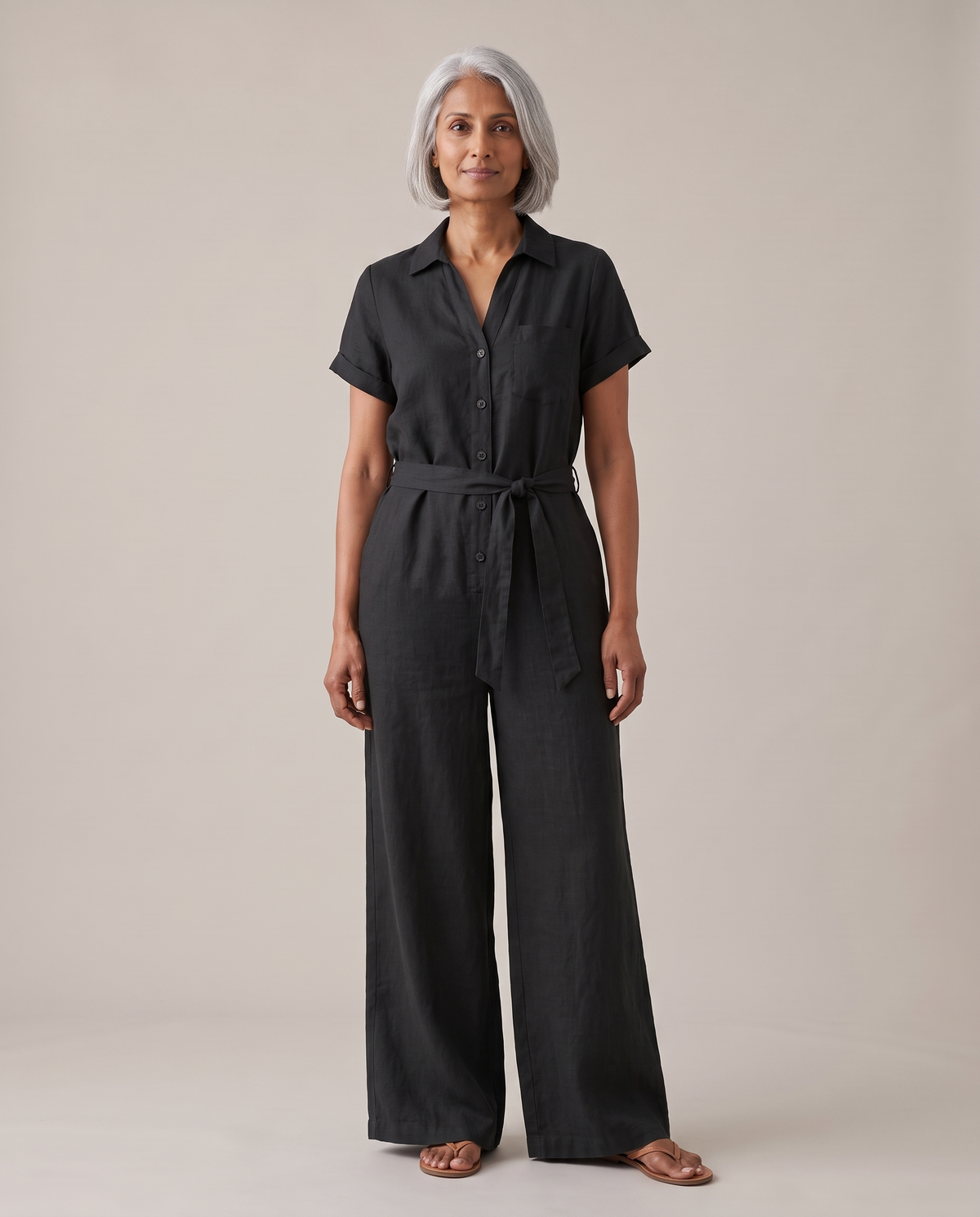 ONE linen wide-leg jumpsuit in Black, front view