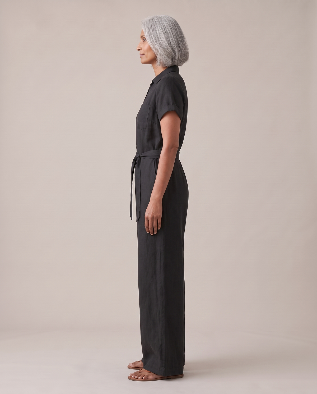 ONE linen wide-leg jumpsuit in Black, side view