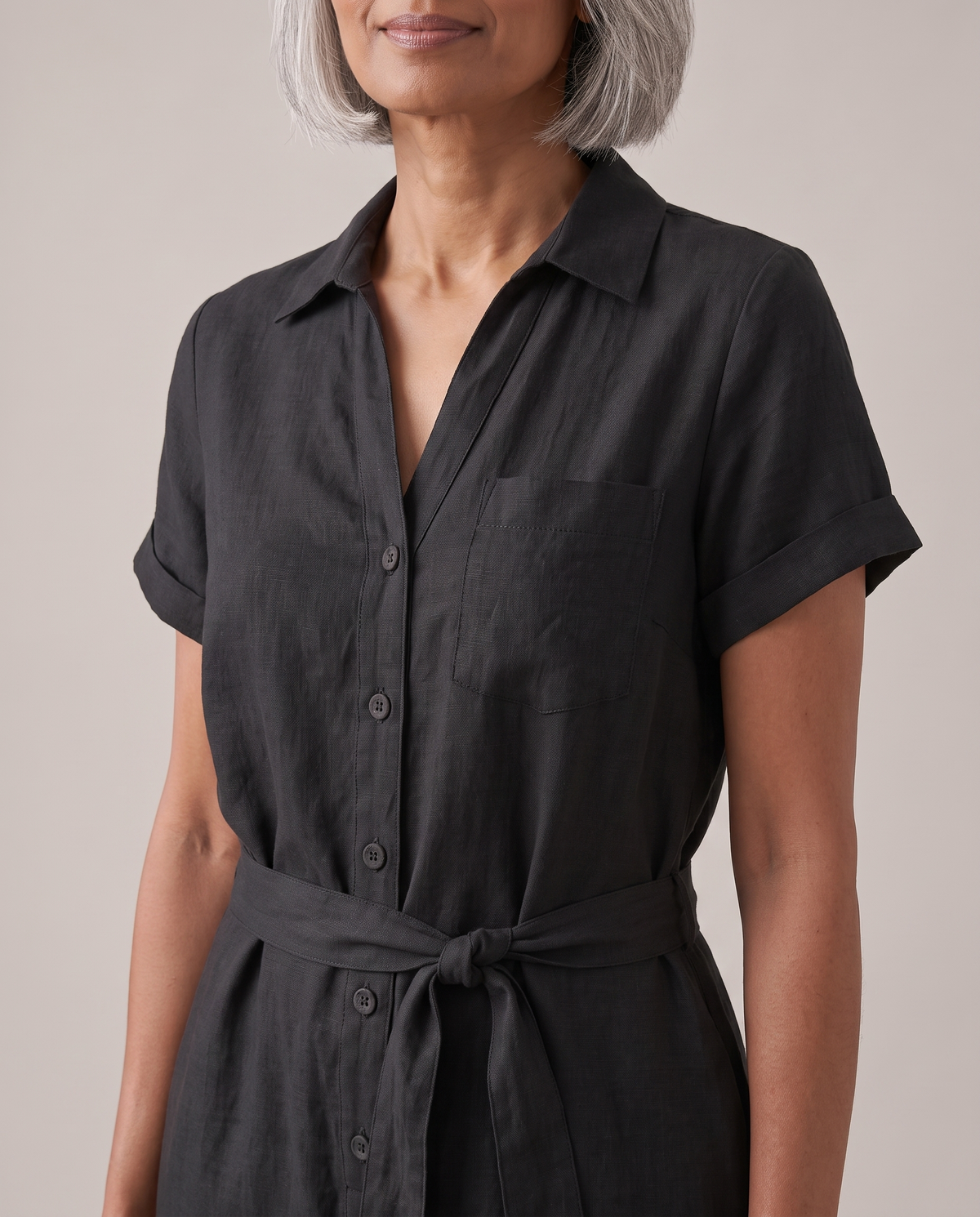 ONE linen wide-leg jumpsuit in Black, collar and buttons
