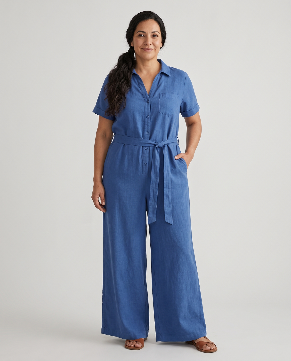 ONE linen wide-leg jumpsuit in Blue, front view