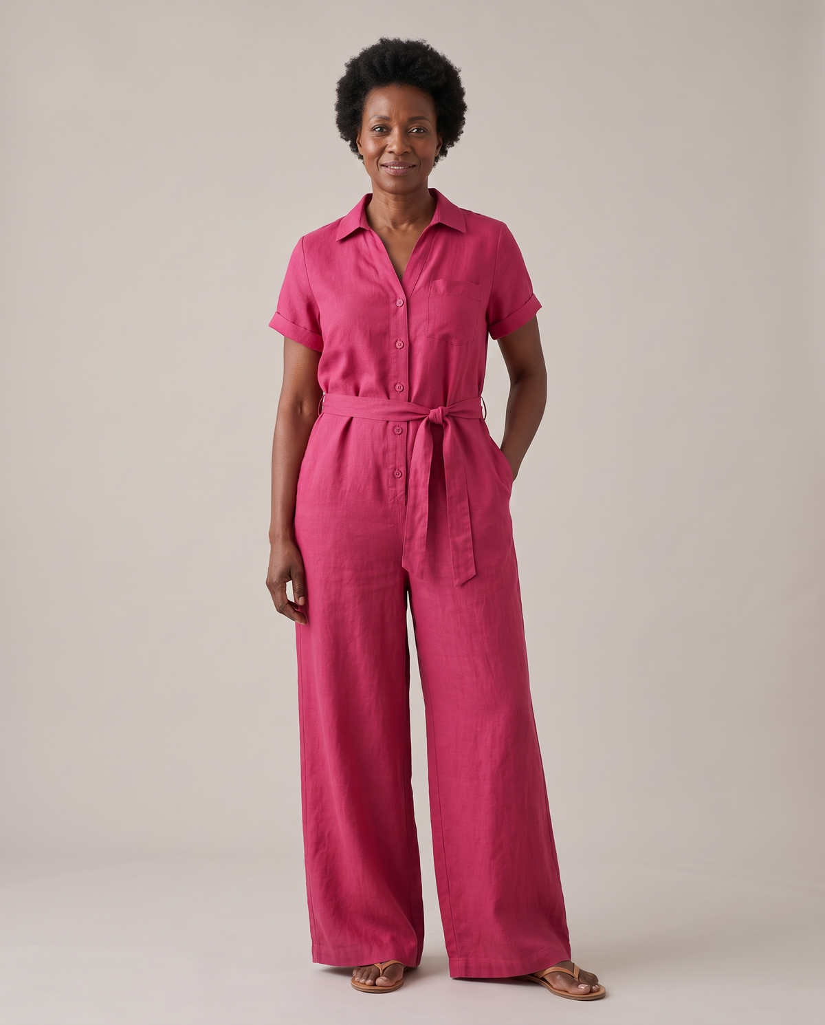 ONE linen wide-leg jumpsuit in Cerise, front view