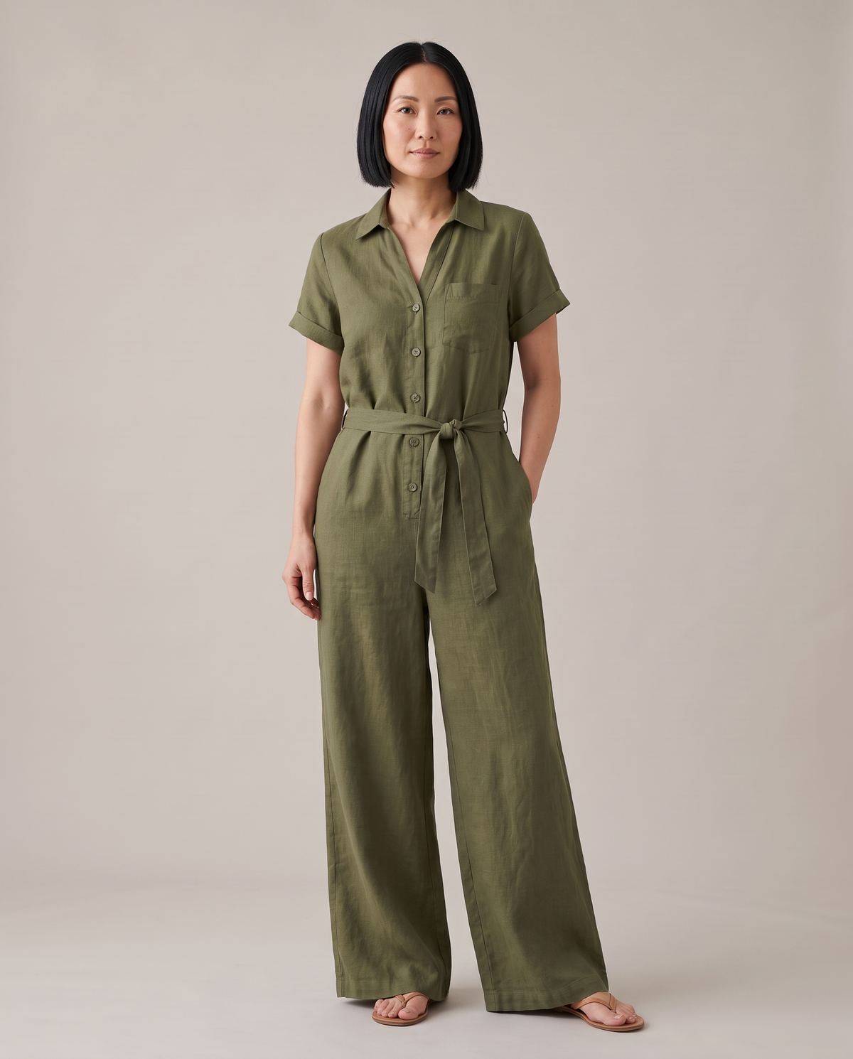 ONE linen wide-leg jumpsuit in Olive Green, front view