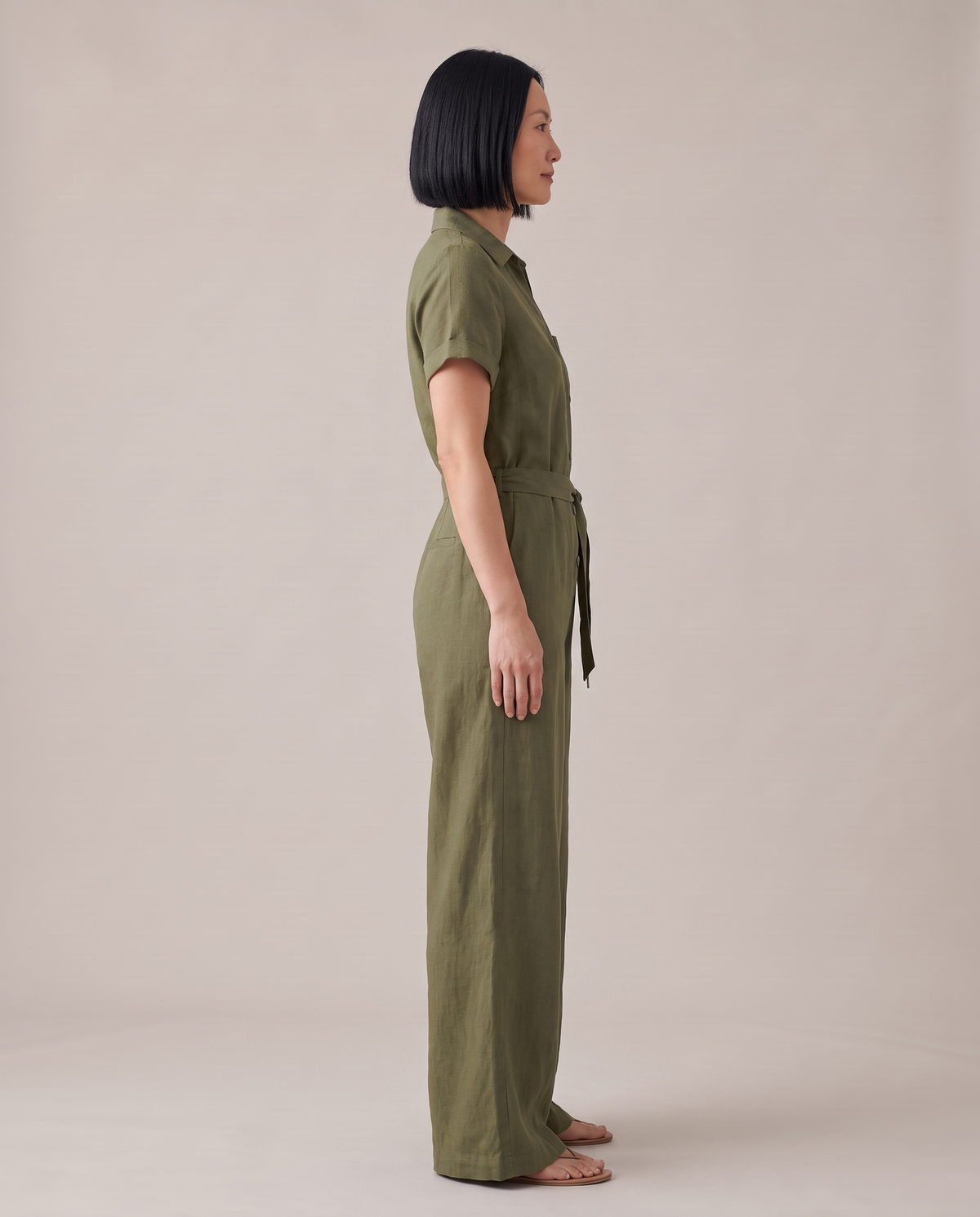 ONE linen wide-leg jumpsuit in Olive Green, side view