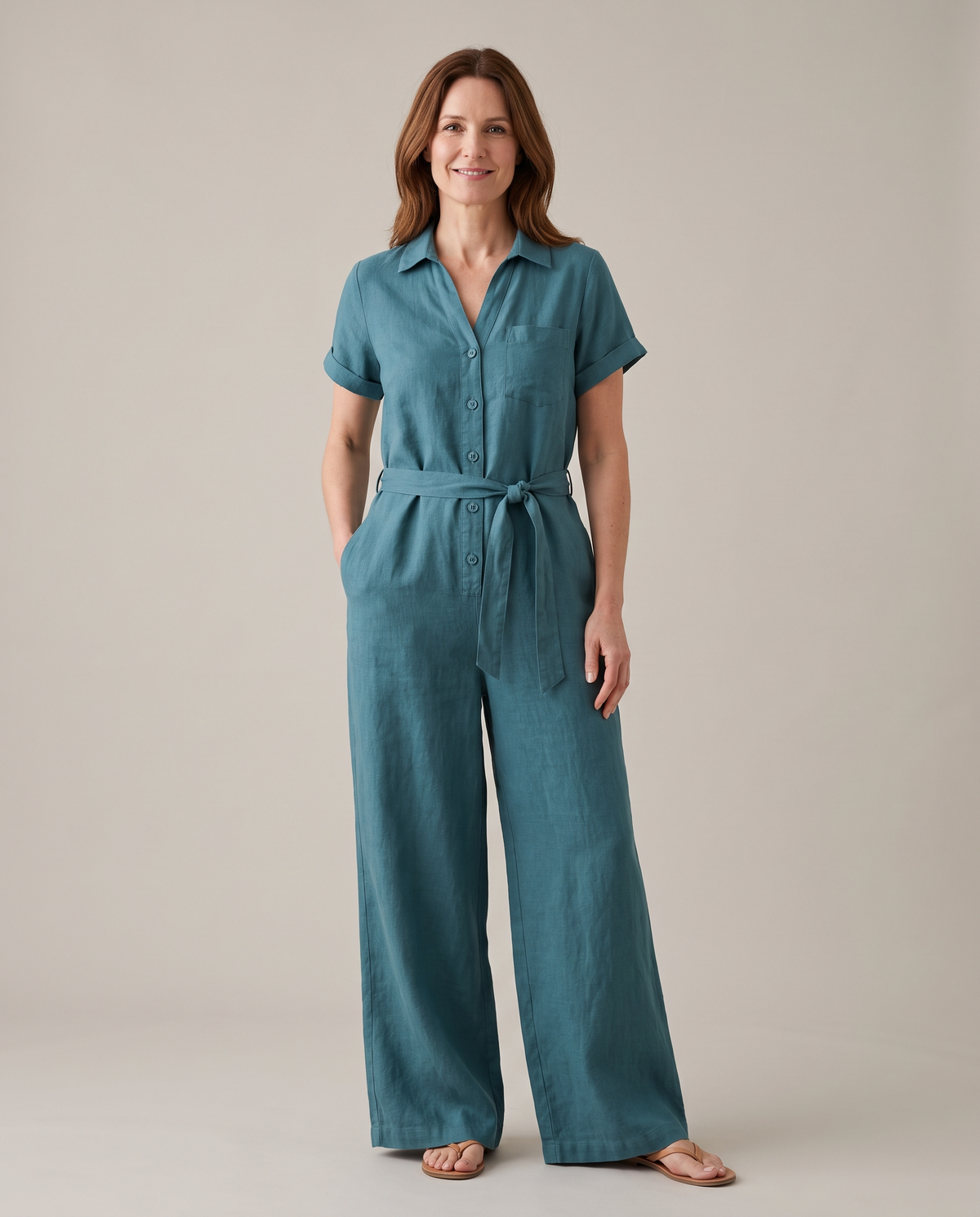 ONE linen wide-leg jumpsuit in Teal, front view with shirt collar and button front