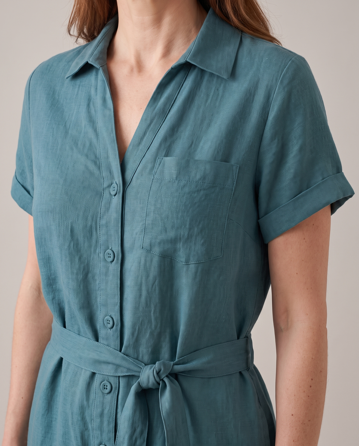 ONE linen wide-leg jumpsuit in Teal, collar, covered buttons and chest pocket