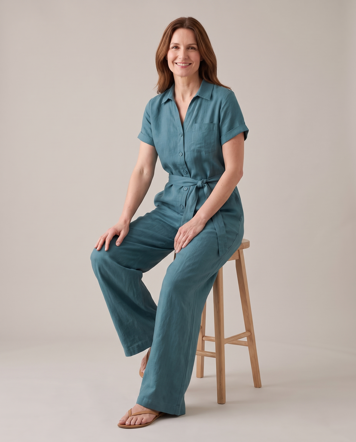 ONE linen wide-leg jumpsuit in Teal, seated