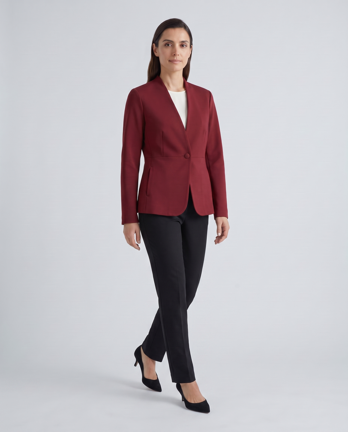 Oxblood collarless jacket in motion