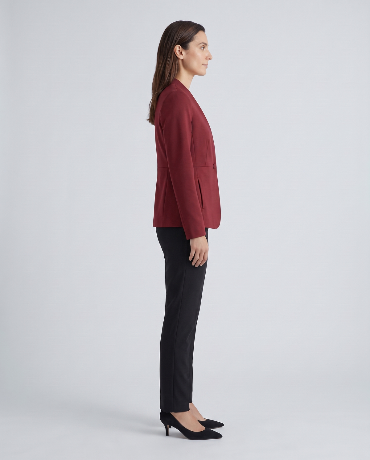 Oxblood collarless jacket, side view