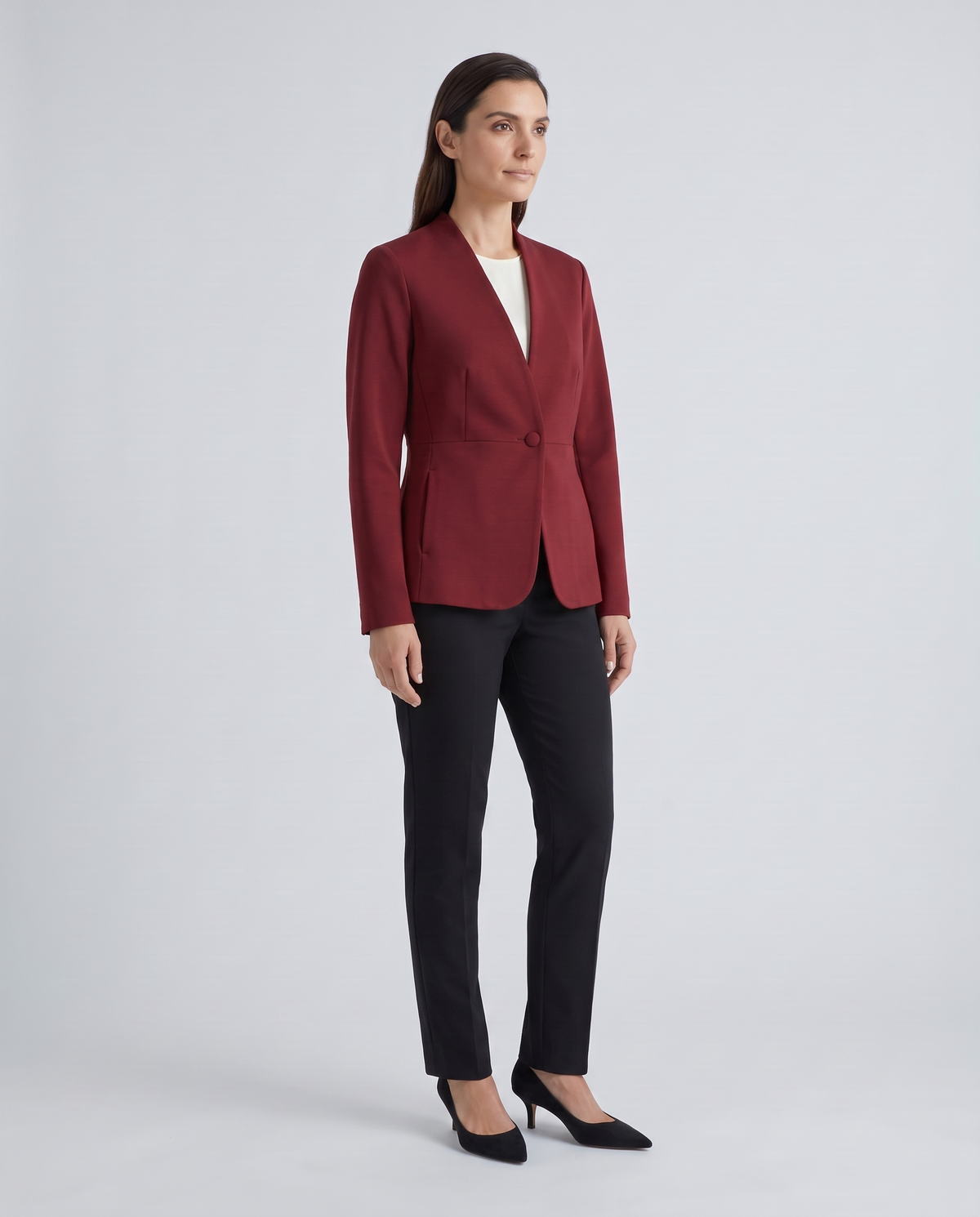 Oxblood collarless jacket, three-quarter view
