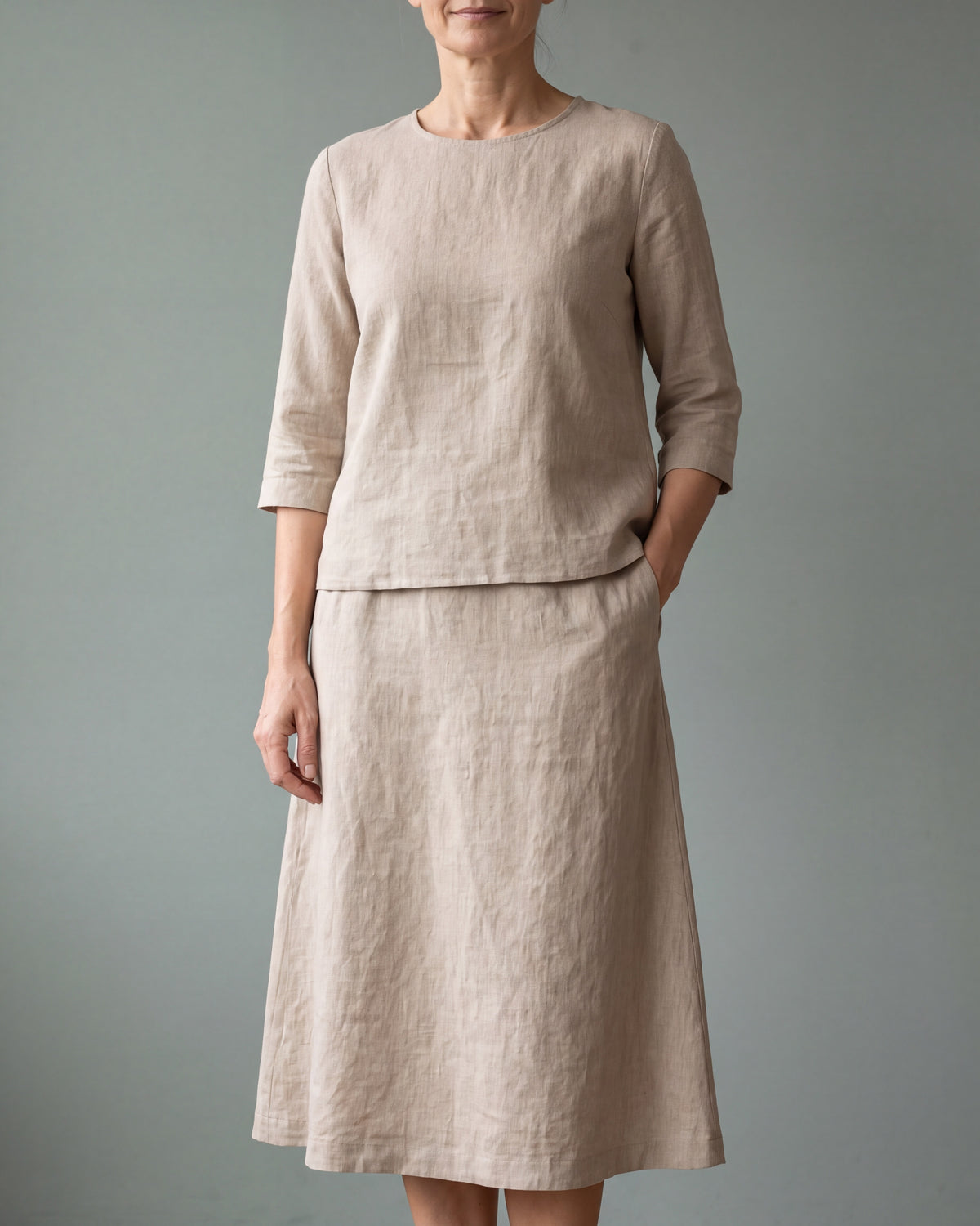 PAIR Beige linen top and A-line midi skirt set, close front view
