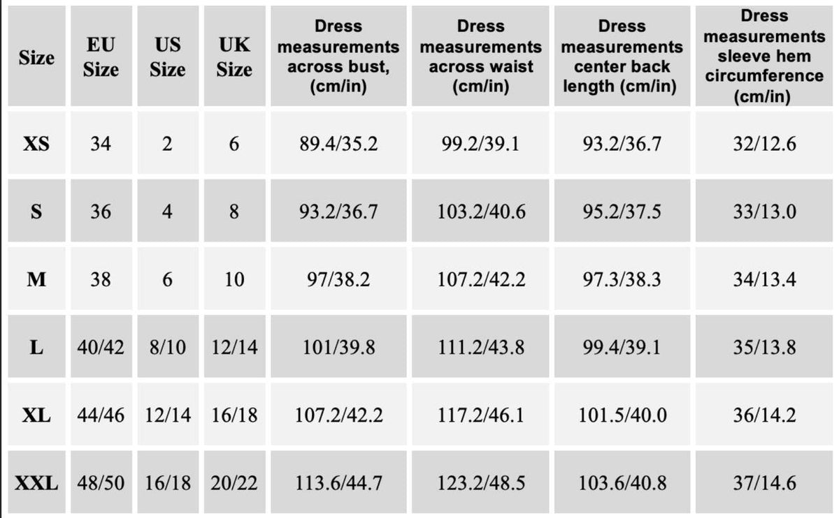 Size chart for Linen dress FRENCH