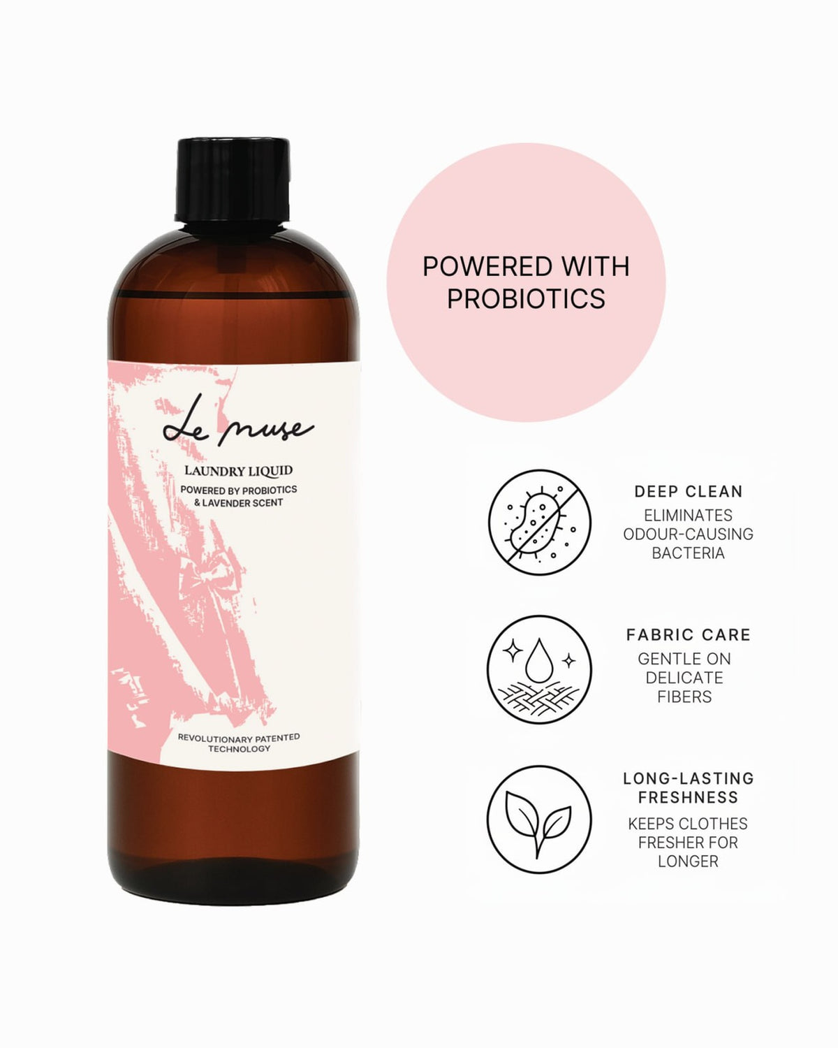 Le Muse Concentrated Probiotic Laundry Liquid – bottle shown with probiotic technology benefits and icons on white background