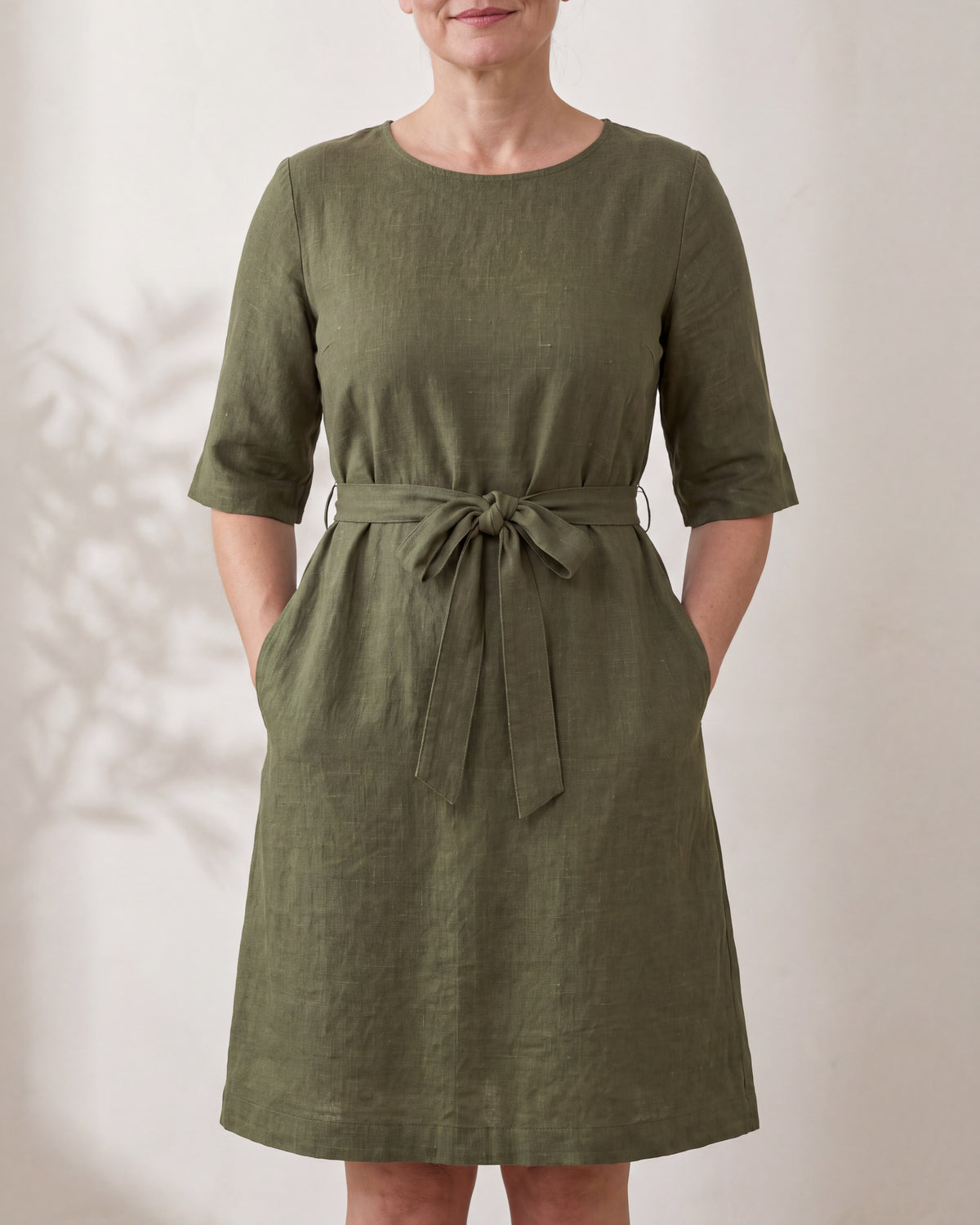 REACH olive green linen belted A-line dress, close front view