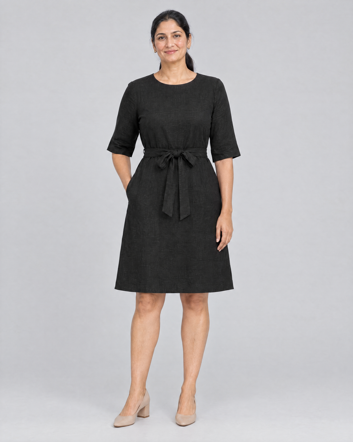 REACH linen dress in Black, front view