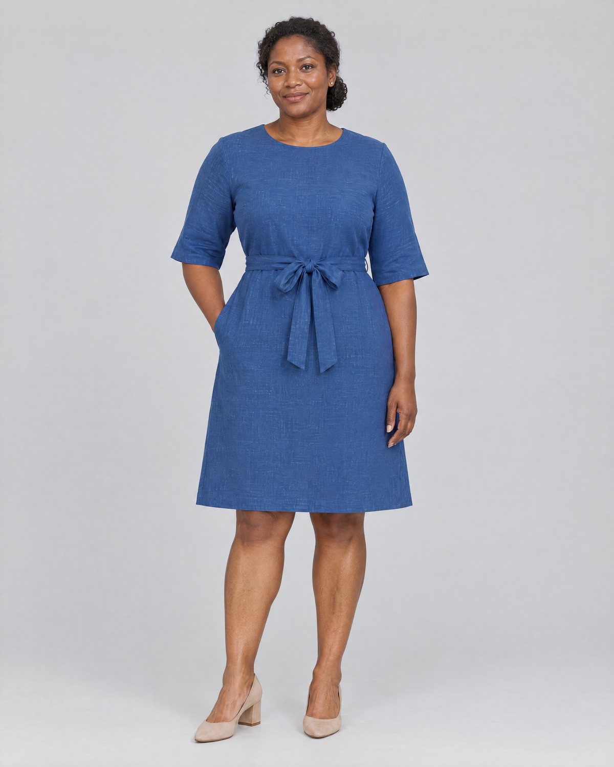 REACH linen dress in Blue, front view