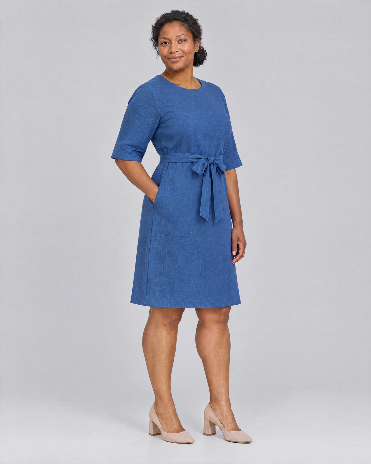 REACH linen dress in Blue, three-quarter view