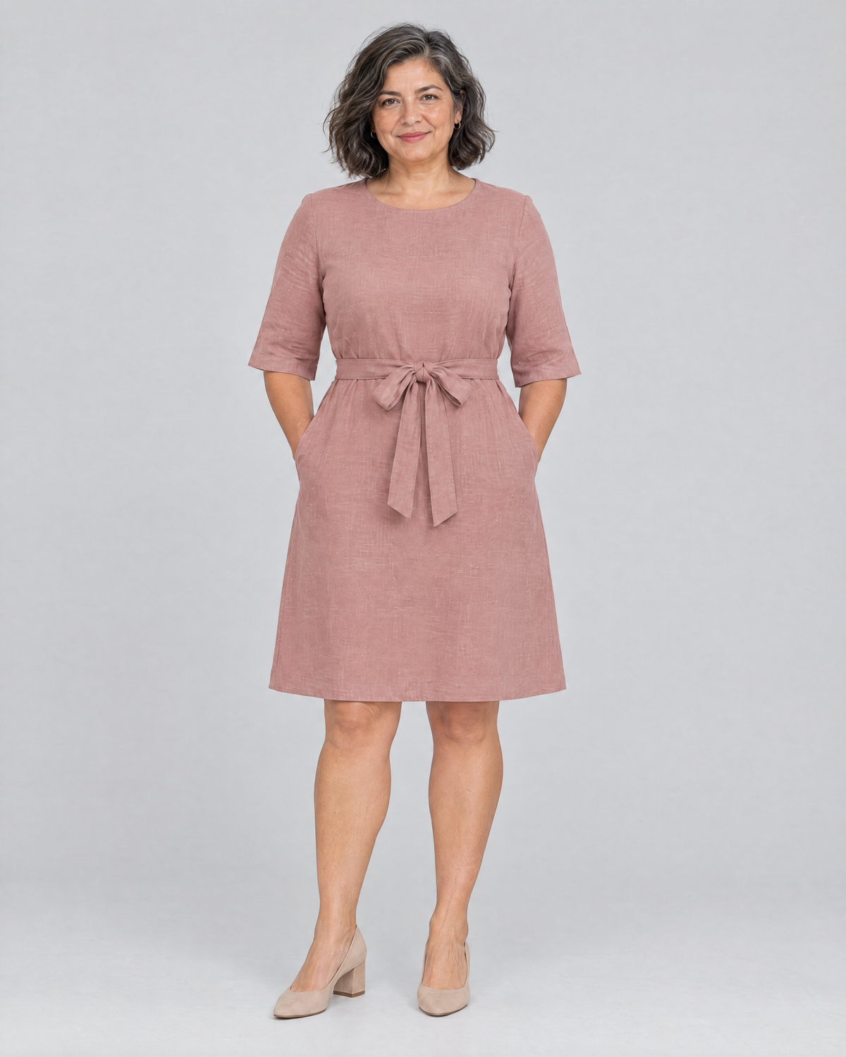 REACH linen dress in Dusty Rose, front view