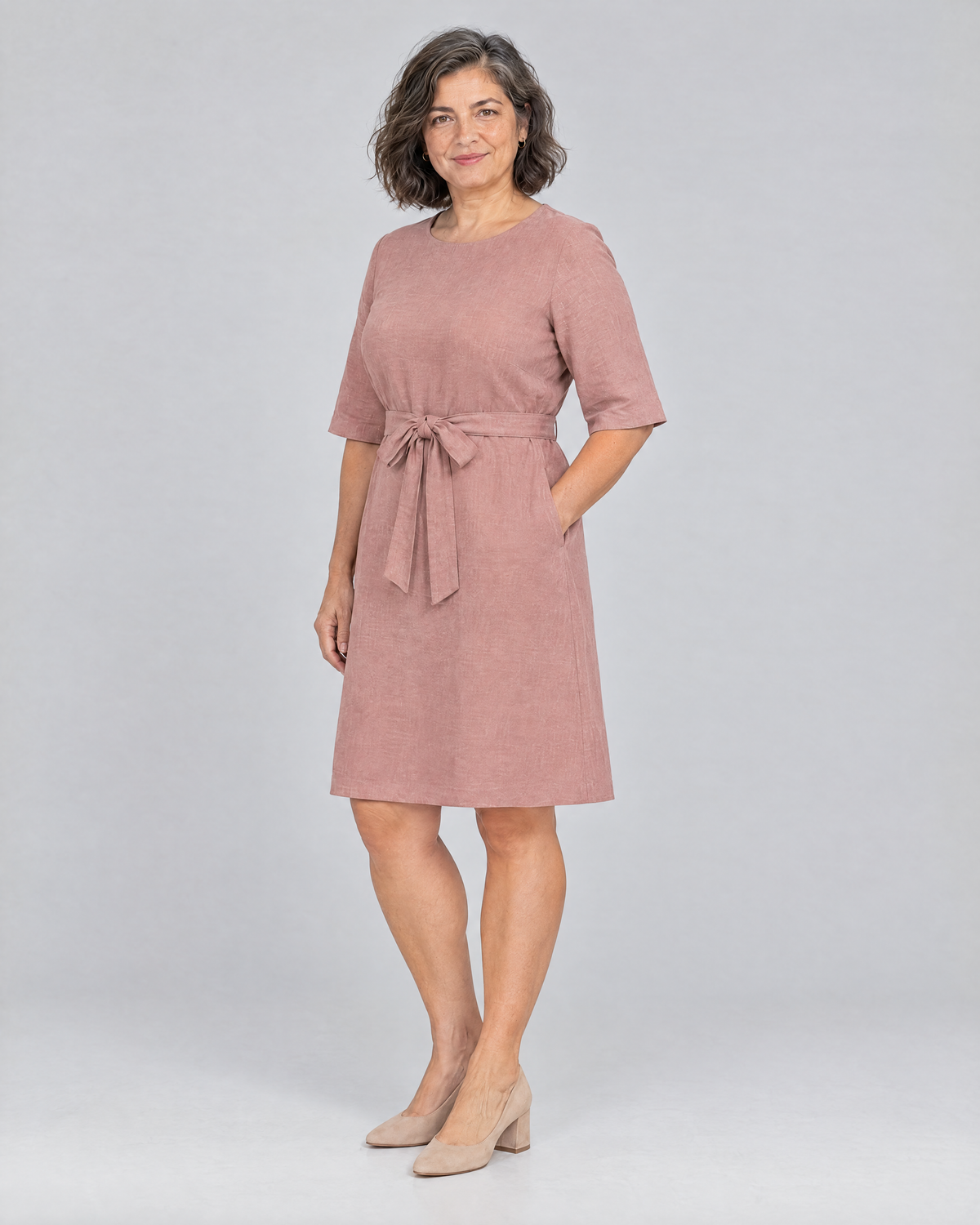 REACH linen dress in Dusty Rose, three-quarter view