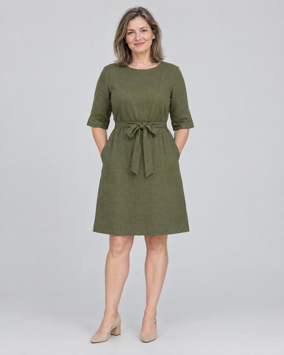 REACH linen dress in Olive Green, front view, elbow-length sleeves and tie belt