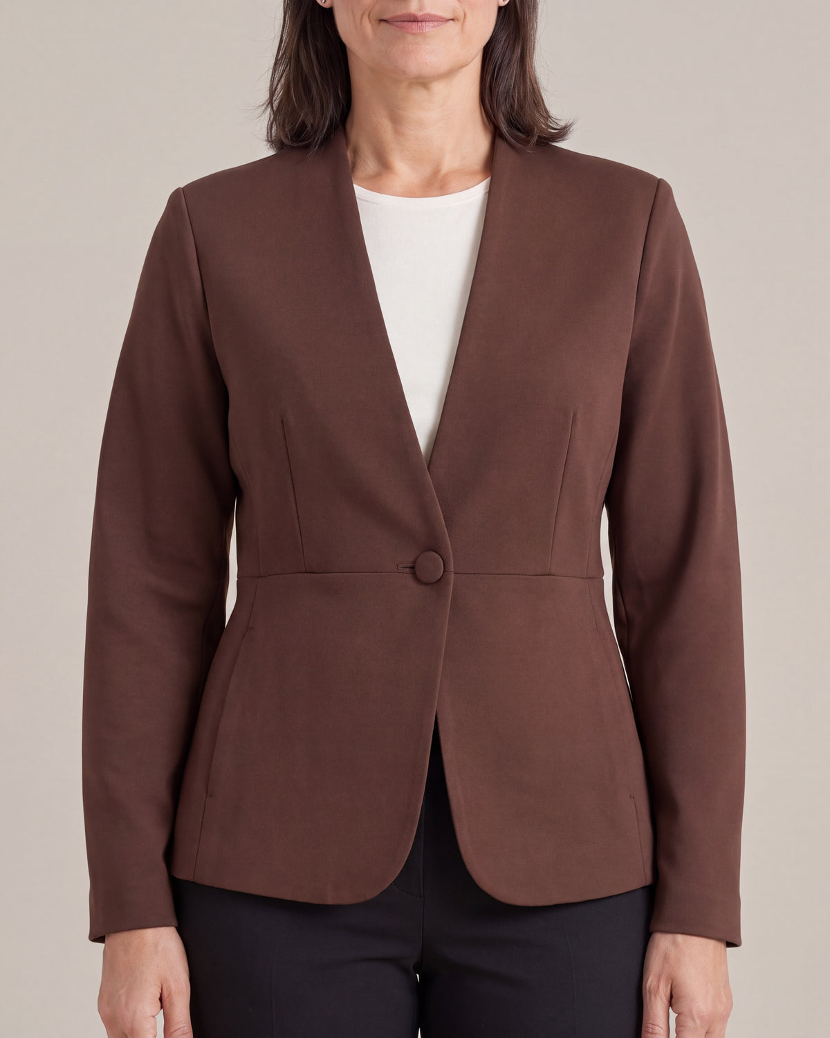 RIVA MOVE Brown Punto Milano collarless jacket, close front view