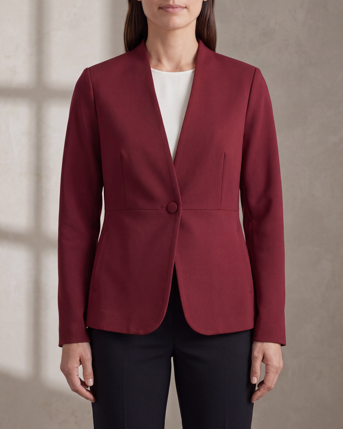 RIVA Oxblood collarless jacket, close front view