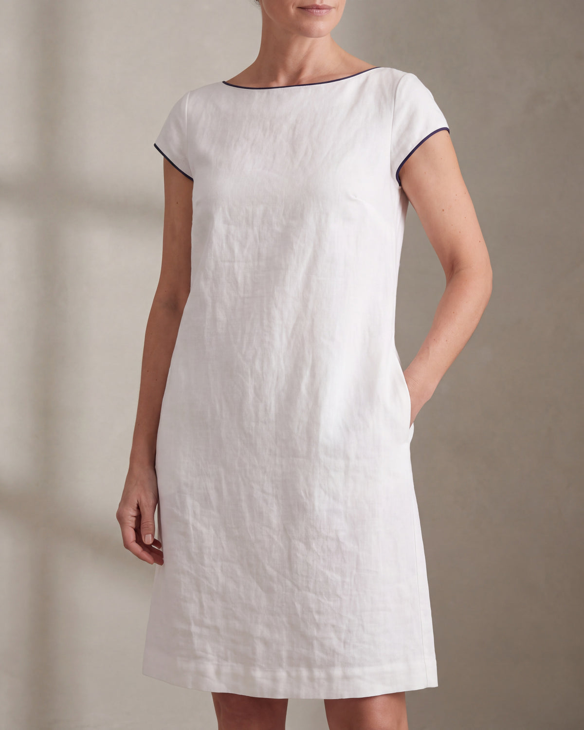 RIVIERA White linen shift dress, close front view