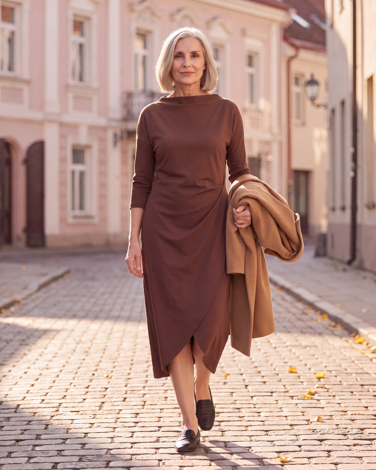 SELMA Punto Milano drape midi dress in Brown with tulip hem, autumn street