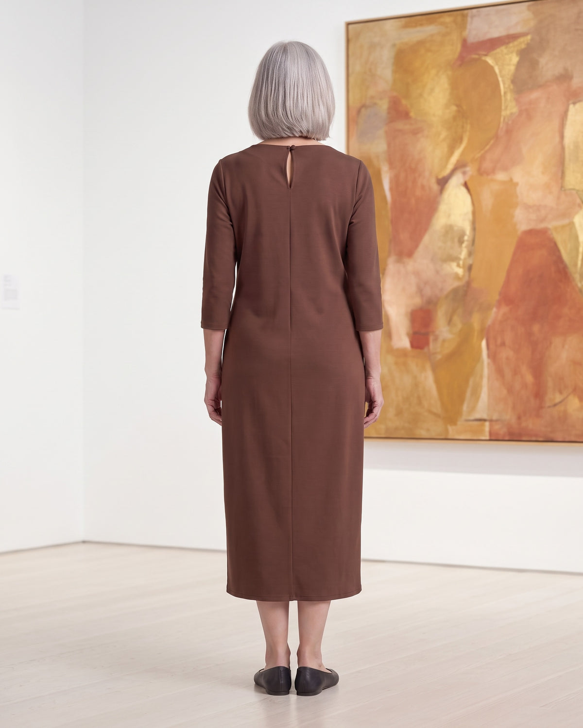 SELMA midi dress in Brown, back view with button neck opening