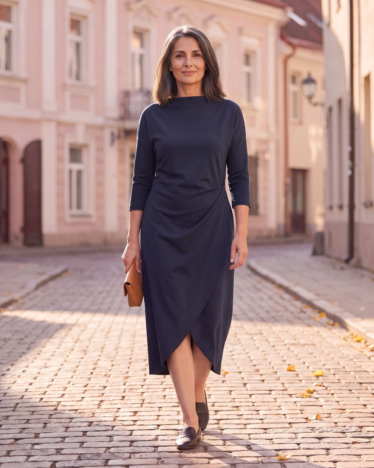 SELMA tamsiai mėlyna midi suknelė su tulpės formos apačia, senamiestis auksinę valandą #Color_Deep blue