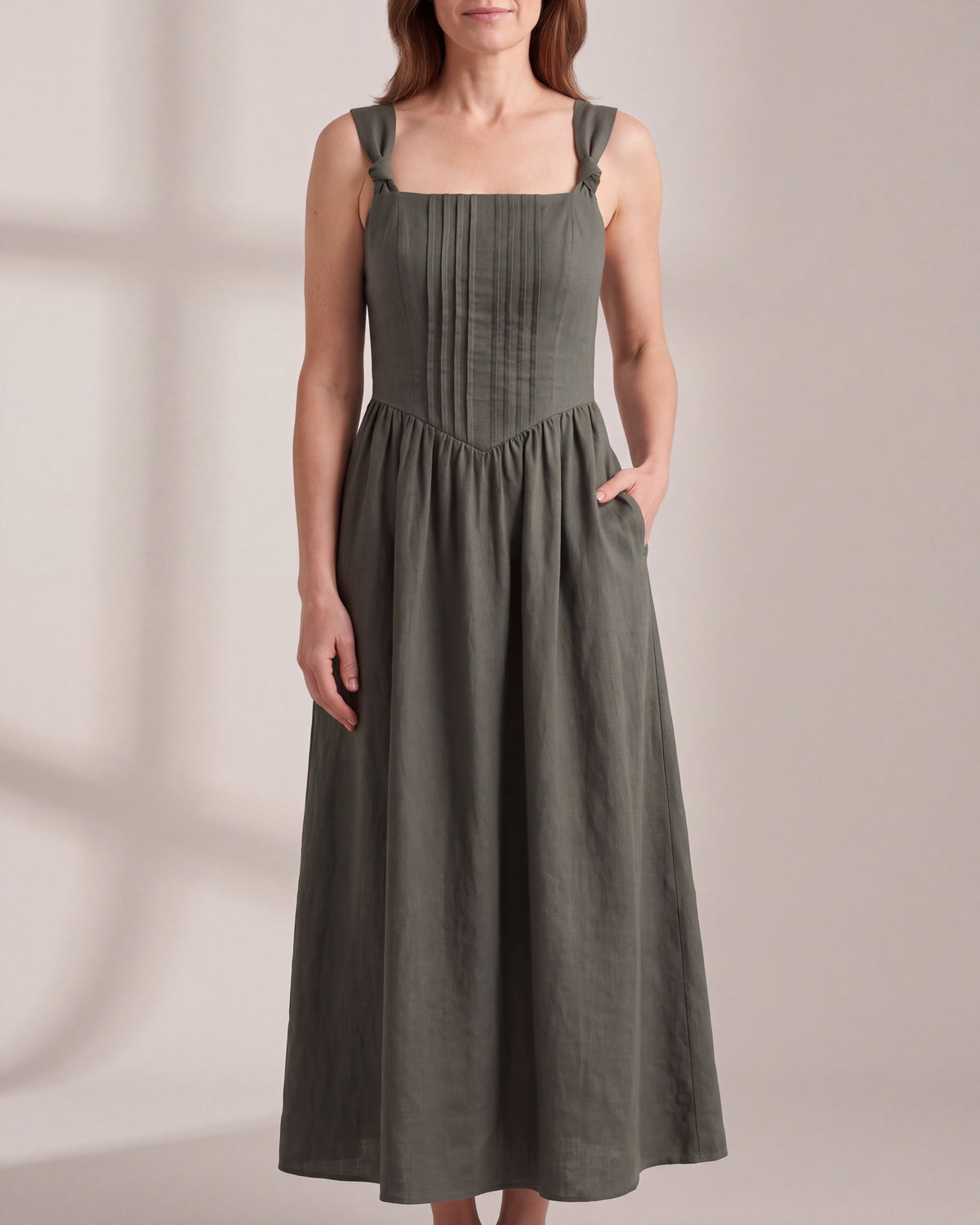 SERENADE Olive green linen corset maxi dress, close front view