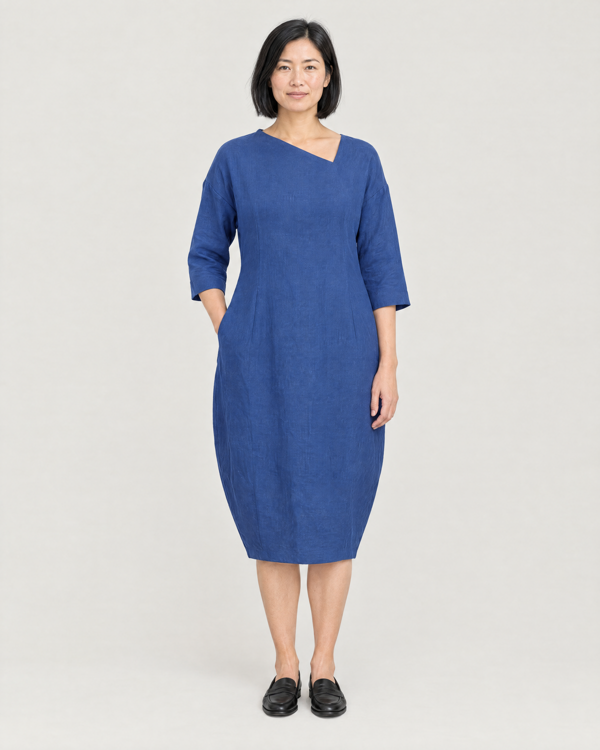 SHAPE linen cocoon midi dress in Blue, front view
