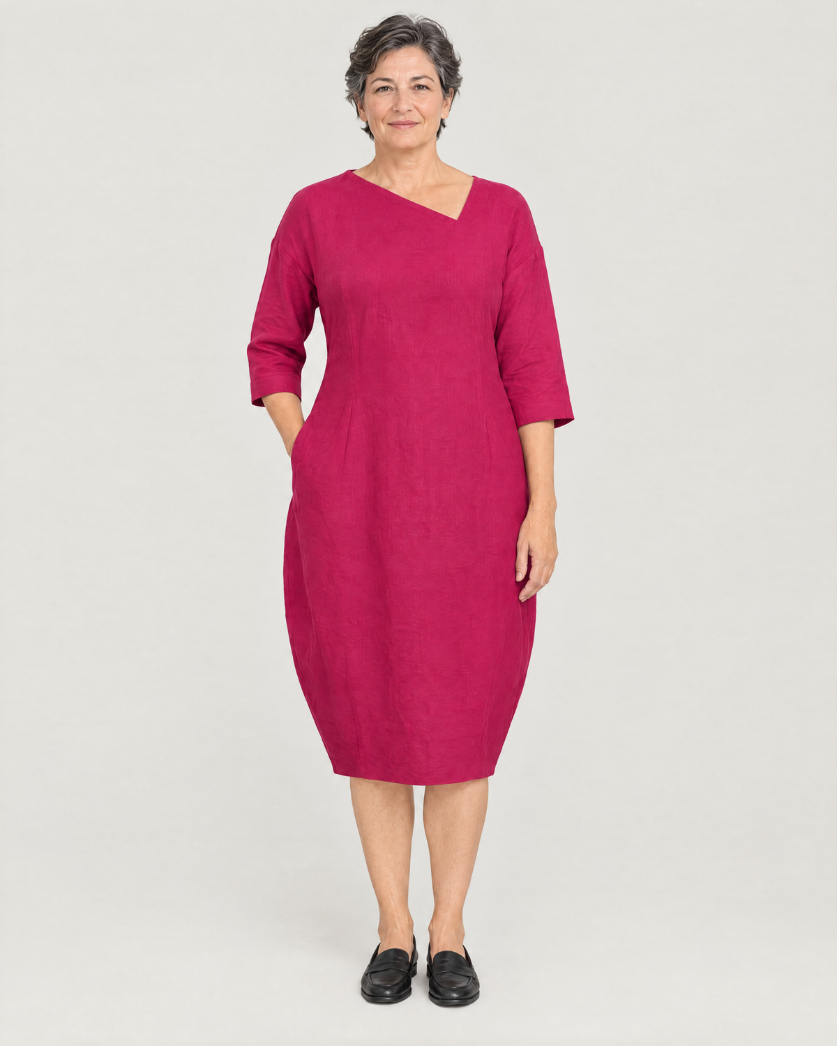 SHAPE linen cocoon midi dress in Cerise, front view