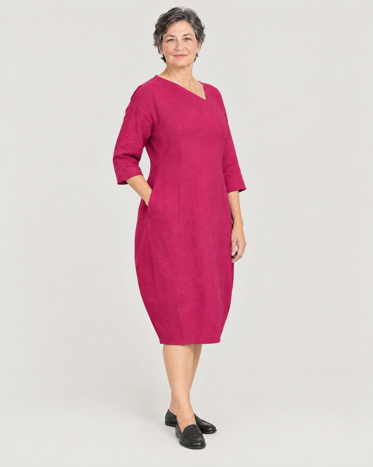 SHAPE linen cocoon midi dress in Cerise, three-quarter view