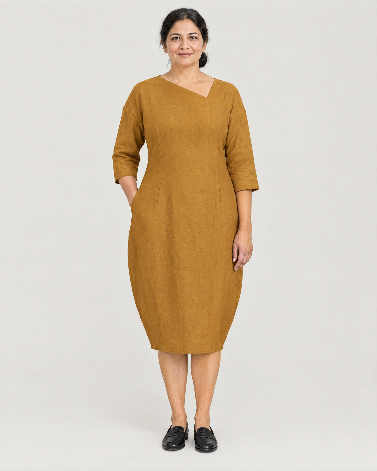SHAPE linen cocoon midi dress in Ochre, front view