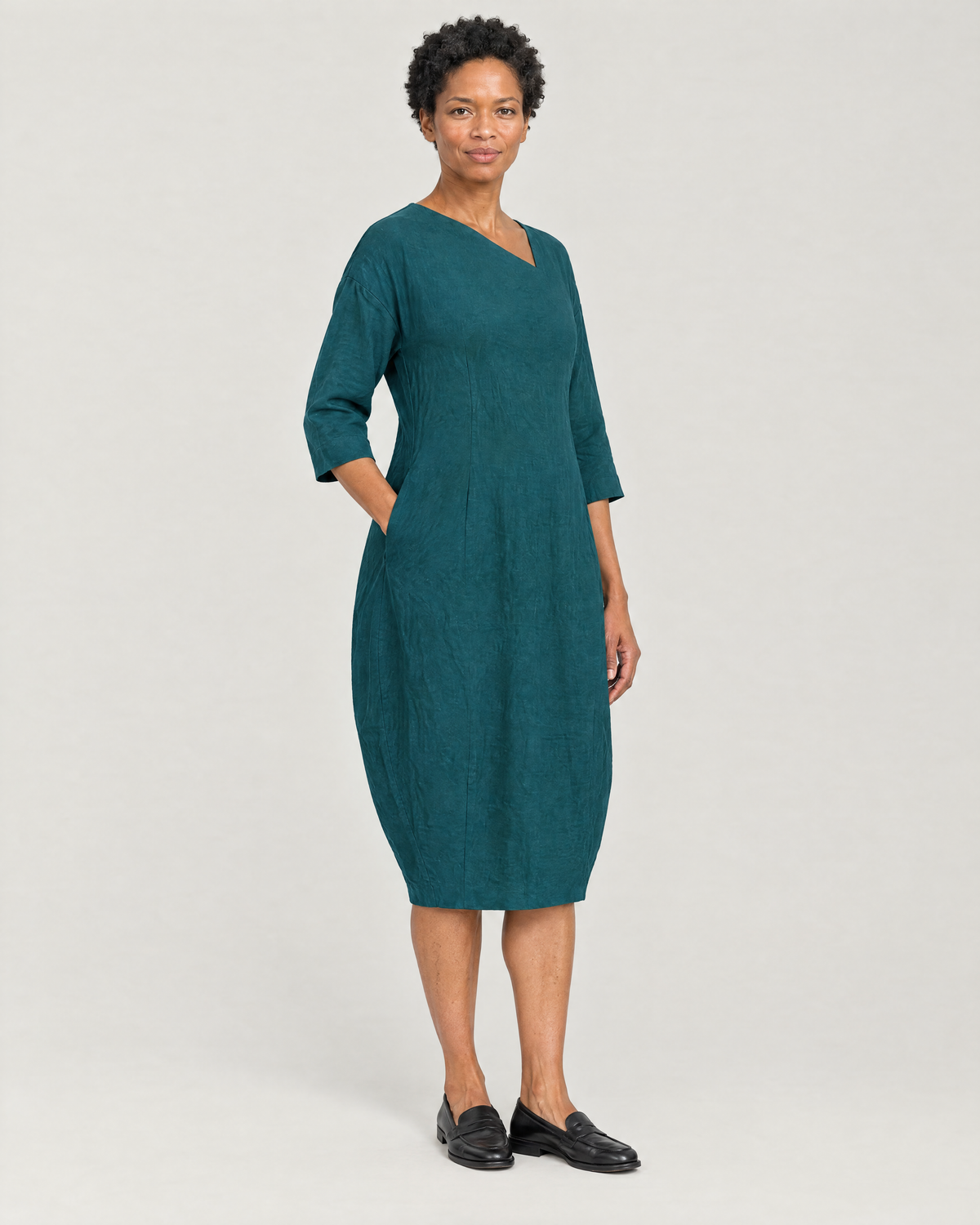 SHAPE linen cocoon midi dress in Teal, three-quarter view