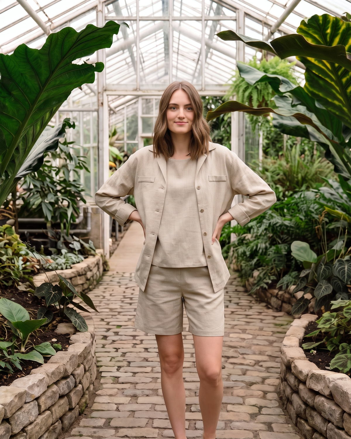 SIMPLICITY – beige linen blend high-waisted shorts, front, worn with a beige shirt