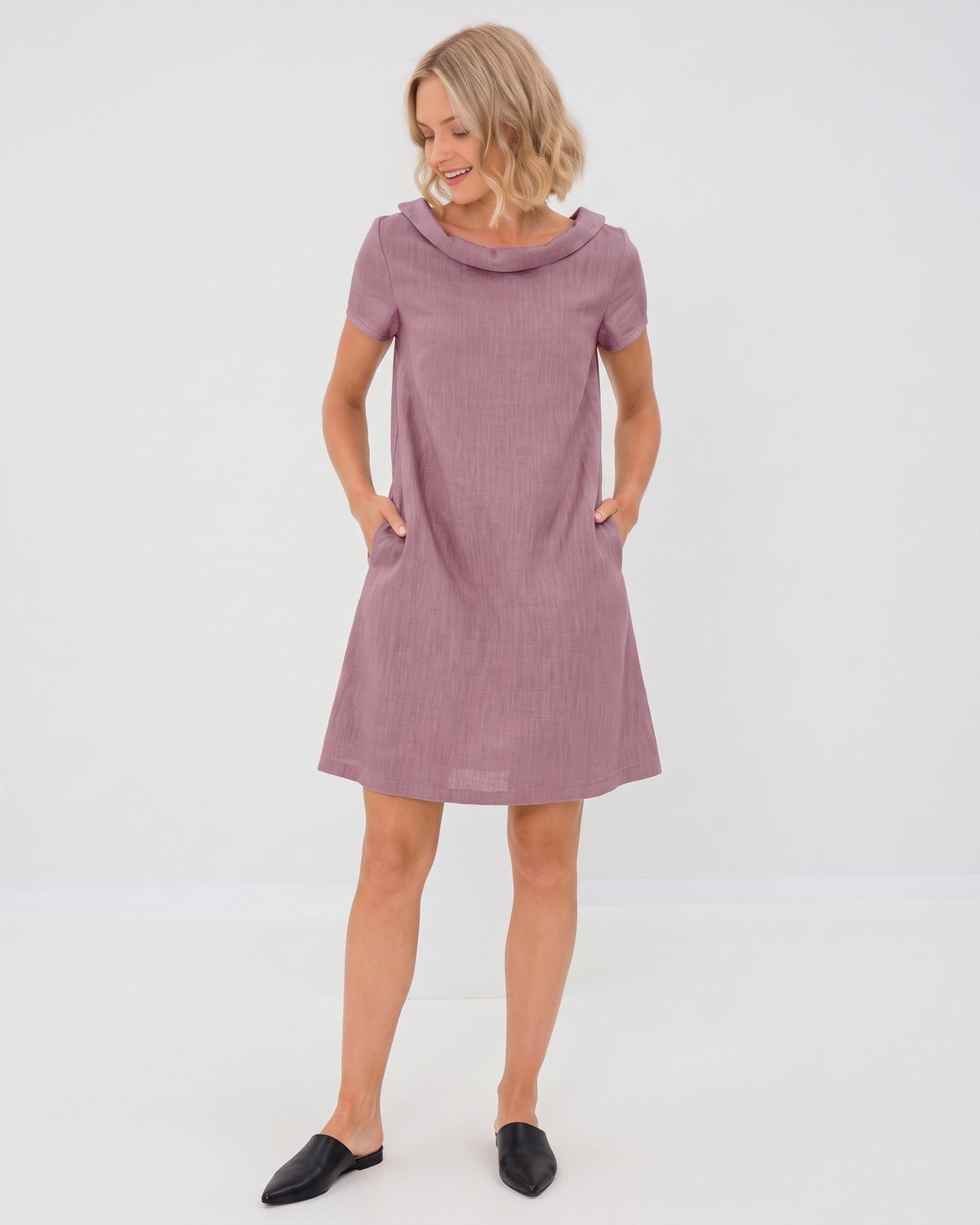 LeMuse STORY linen dress in dusty rose – studio front full-length view #Color_Dusty rose