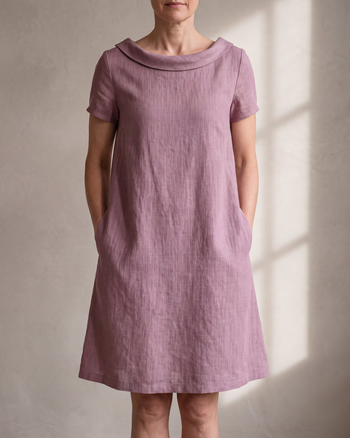 STORY dusty rose linen blend A-line dress, close front view