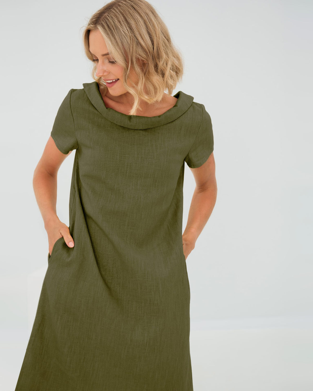 LeMuse STORY linen dress in olive green – studio front view #Color_Olive green