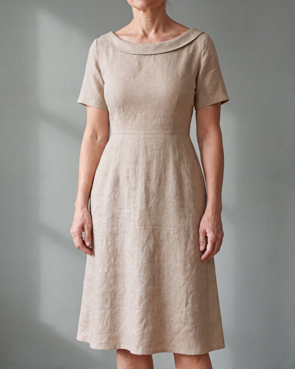 STORY PETITE beige linen A-line dress with portrait collar, close front view