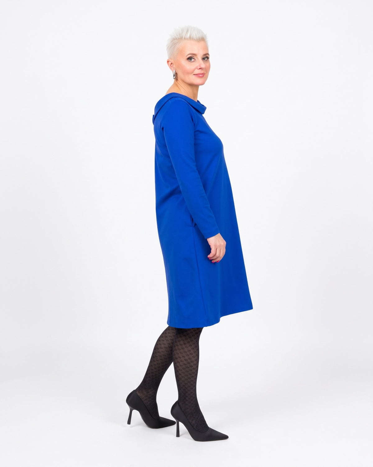 STORY Punto Milano – sapphire blue dress, side view showing how the A-line skirt falls #Color_Sapphire blue