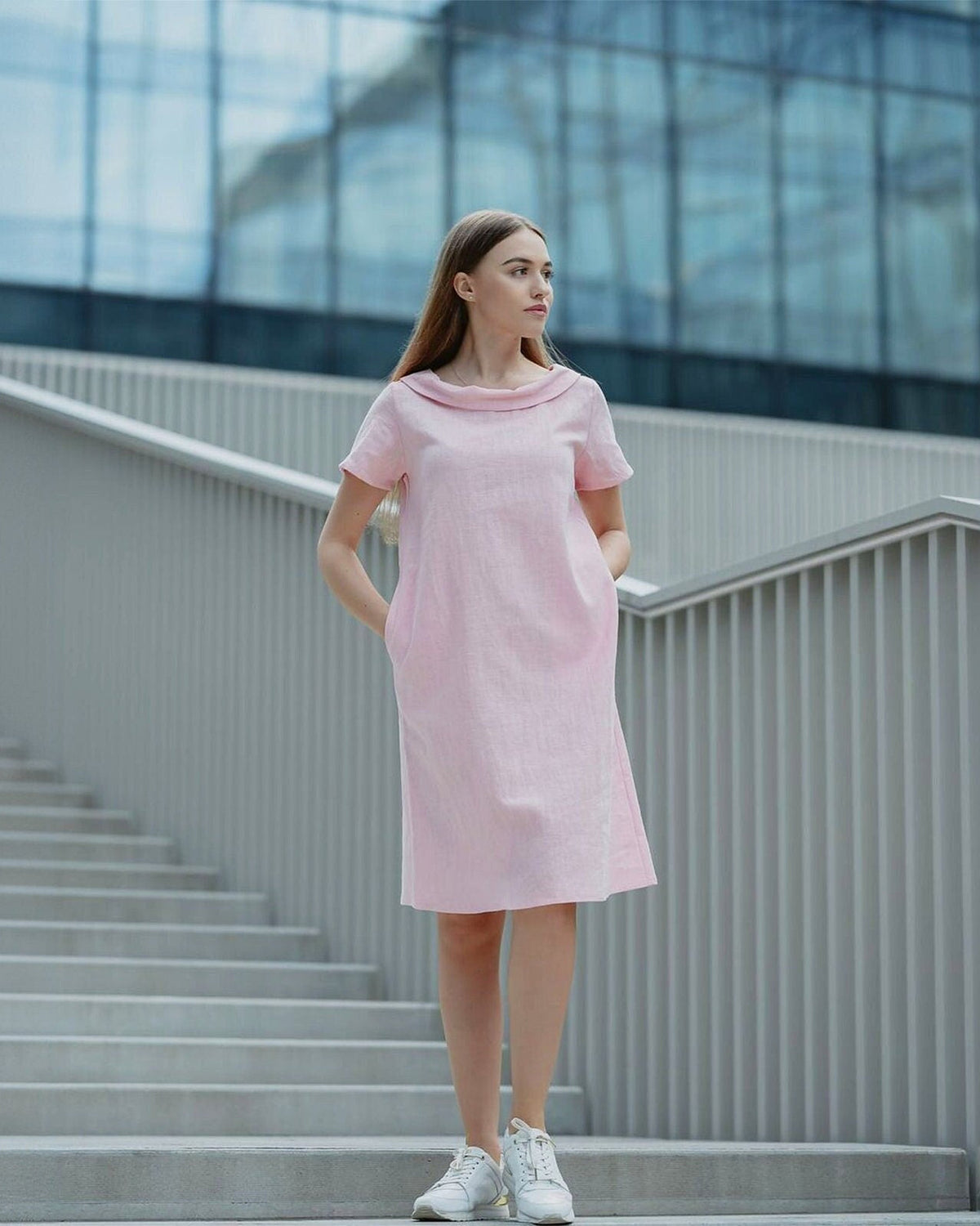 LeMuse STORY linen dress in rose – front full length #Color_Rose