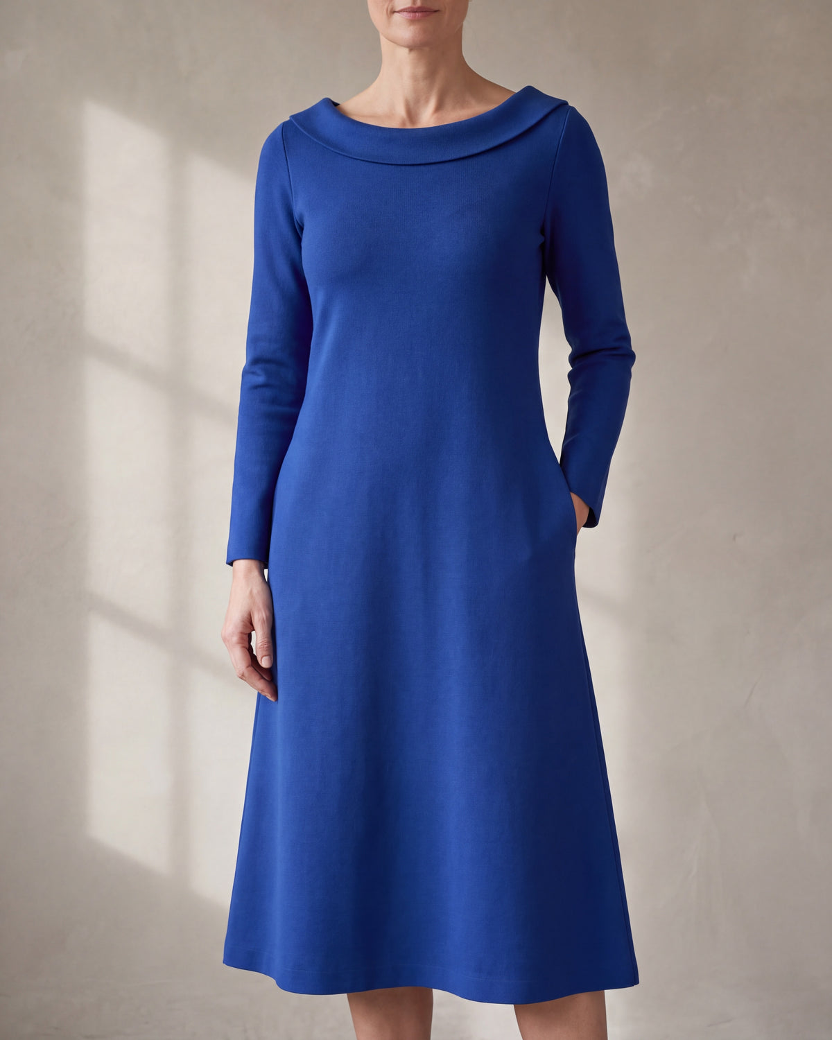 STORY TALL cobalt Punto Milano portrait neck A-line dress, close front view