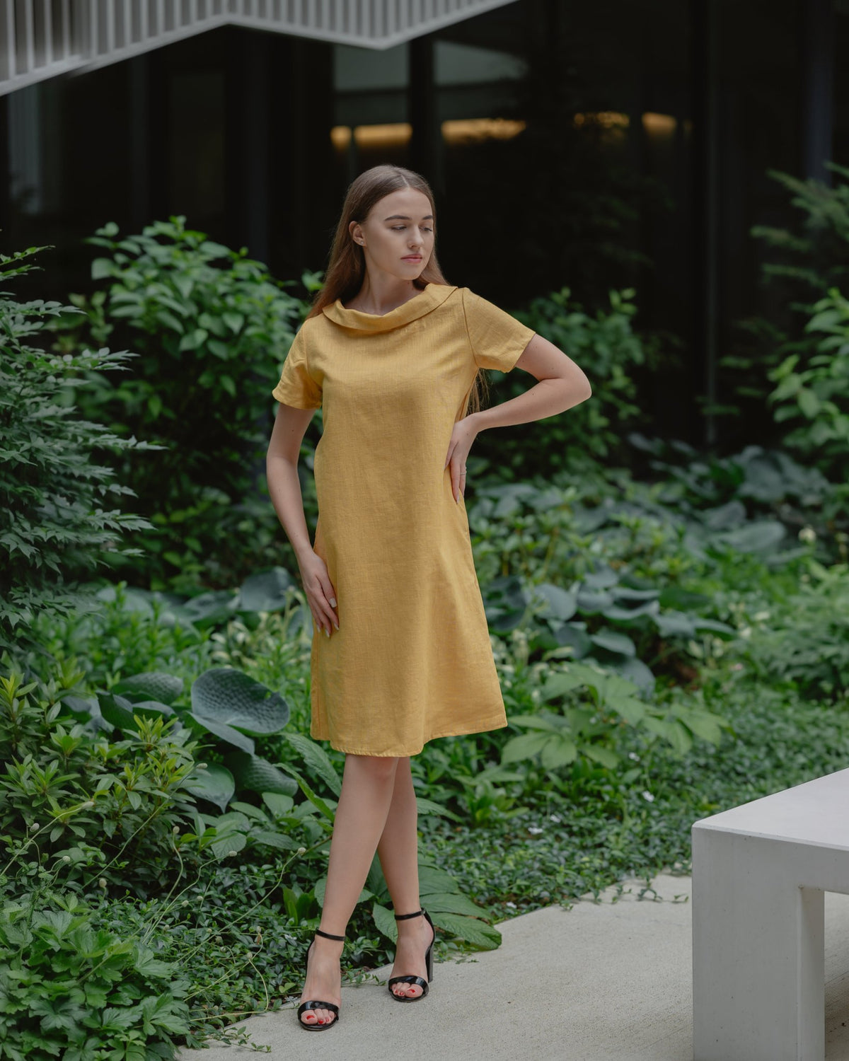 LeMuse STORY linen dress in yellow – front full length by greenery #Color_Yellow