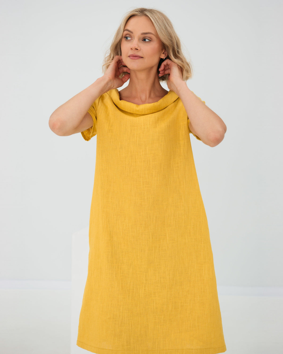 LeMuse STORY linen dress in yellow – studio front view #Color_Yellow